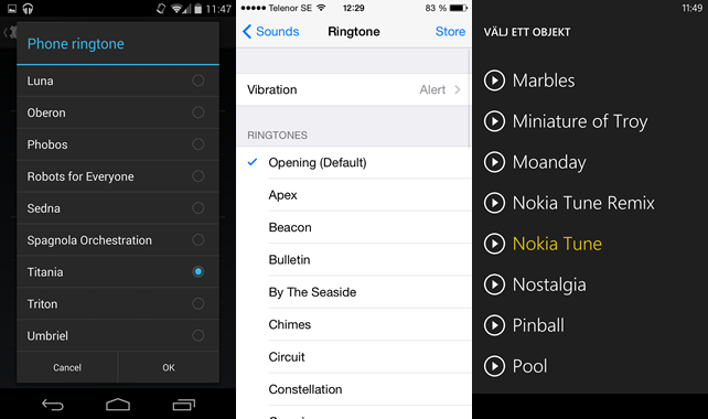 Val av ringsignal i Android, iOS och Windows Phone