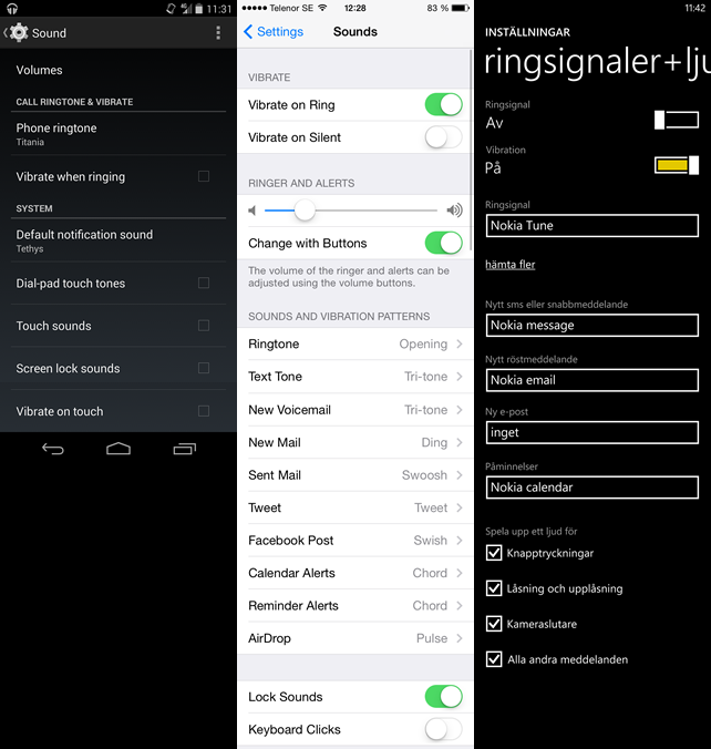 Ljudinställningar i Android, iOS och Windows Phone