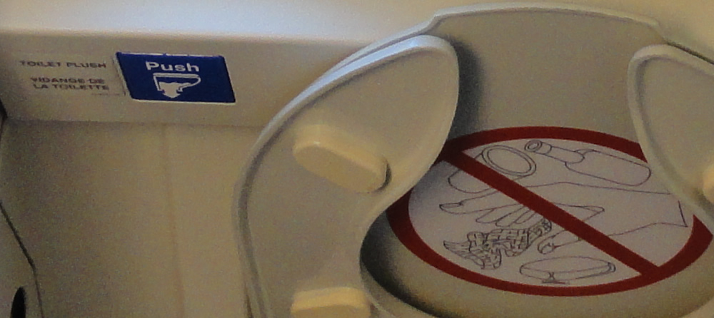 Toilet in airplane. Large square flush button on a panel behind the seat.