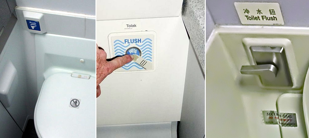 Three examples of flushing buttons on air planes.