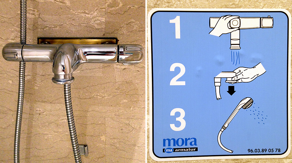 A shower faucet with temperature and flow setting handles and next to it an instruction sheet with three steps to get water out of the hand deld shower head.
