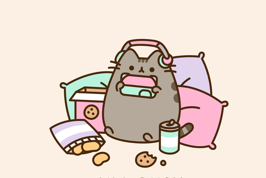 Pusheen watching movie on phone